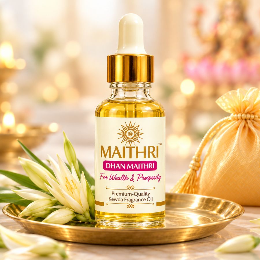Dhan Maithri fragrance oil bottle on a brass plate