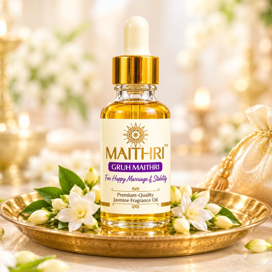 Gruh Maithri fragrance oil bottle on a brass plate