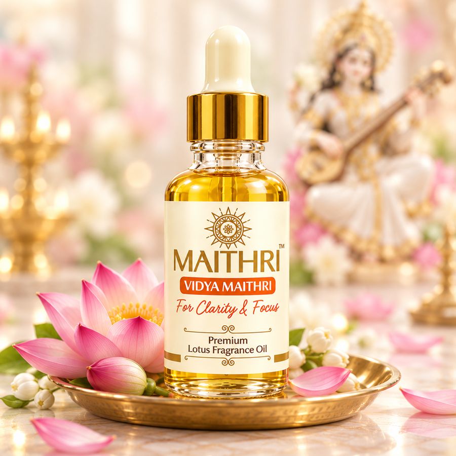 Vidya Maithri fragrance oil bottle on a brass plate