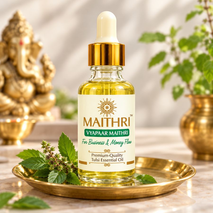 Vyapaar Maithri fragrance oil bottle on a brass plate